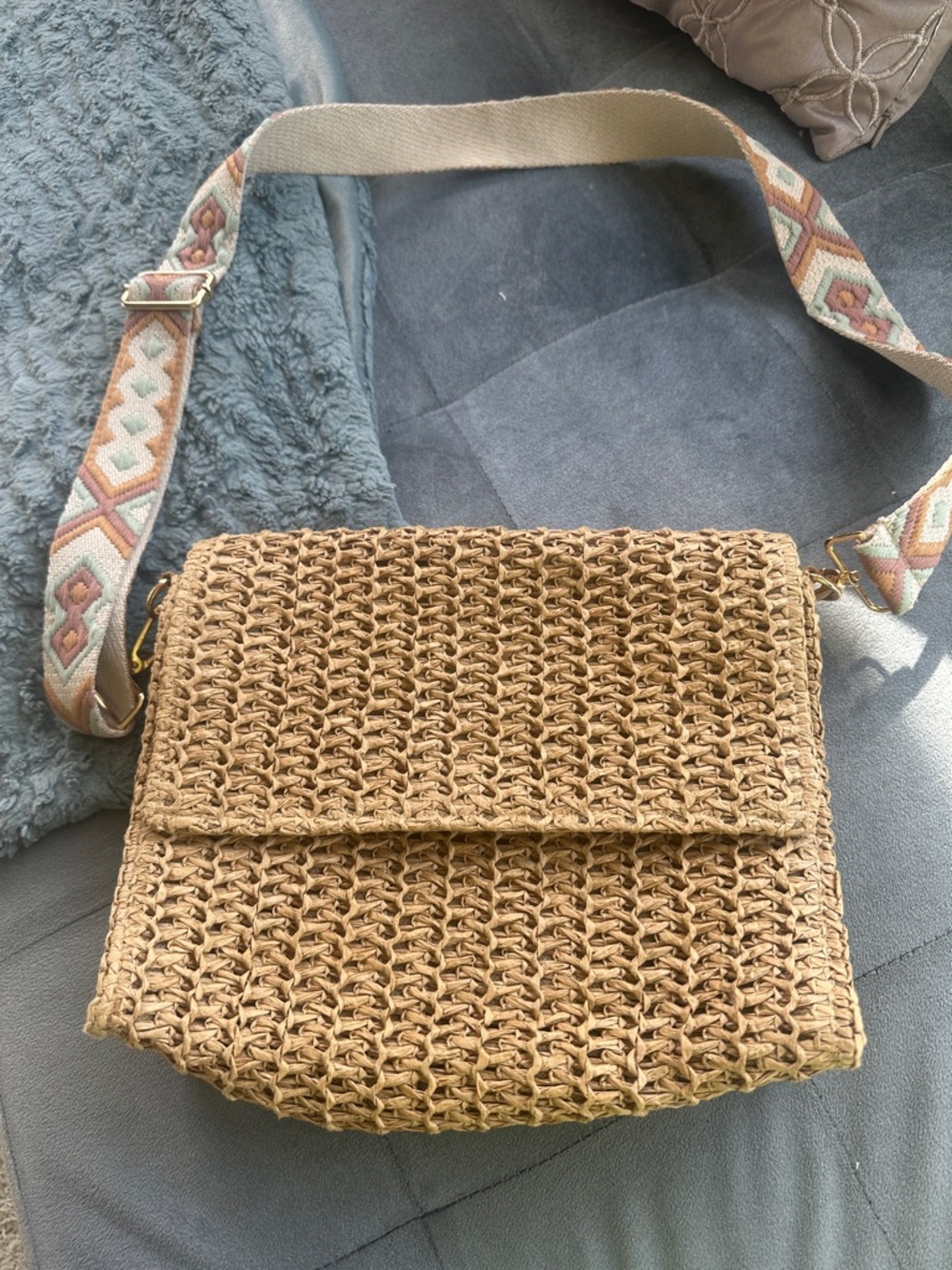 Straw Woven Crossbody Bag with Patterned Adjustable Strap - Tan